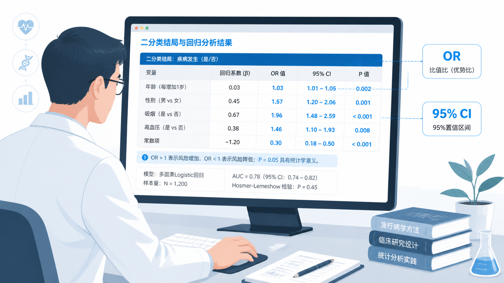 医学科研人员在电脑前查看二分类结局数据表和回归输出结果，旁边标注OR值与95%CI。
