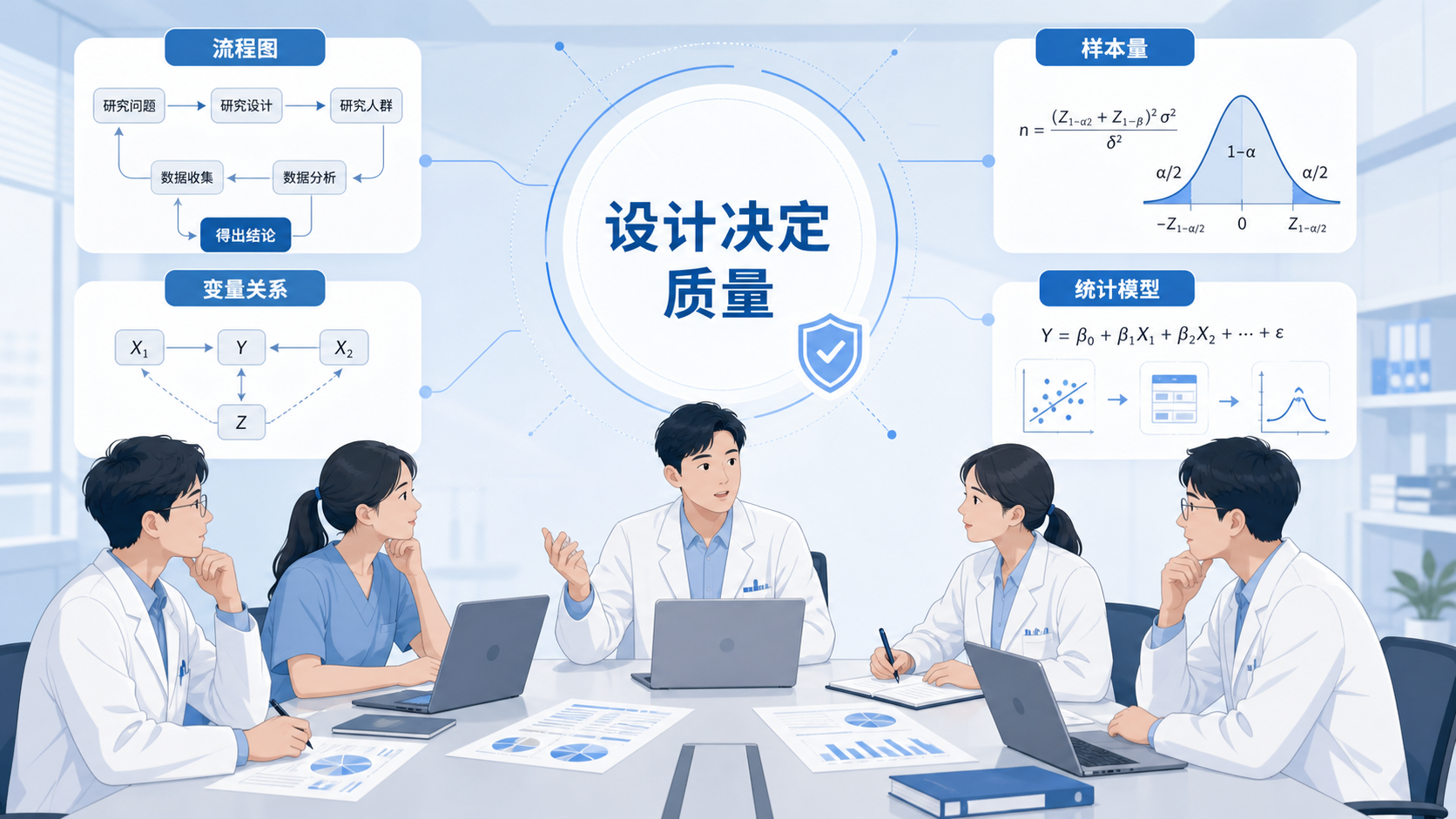 医学生和研究者在会议桌前讨论研究方案，旁边有流程图、样本量和统计模型示意，强调“设计决定质量”