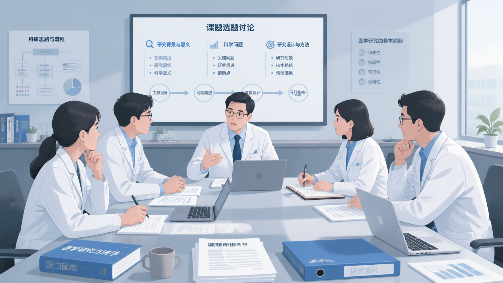 科研人员在会议桌前讨论选题，桌面有文献、电脑和课题申报书，画面专业严谨。