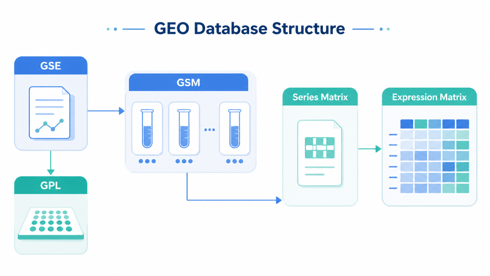 GEO数据库结构示意图，展示GSE、GSM、GPL、Series Matrix和表达矩阵的关系，适合科研场景的电脑界面风格