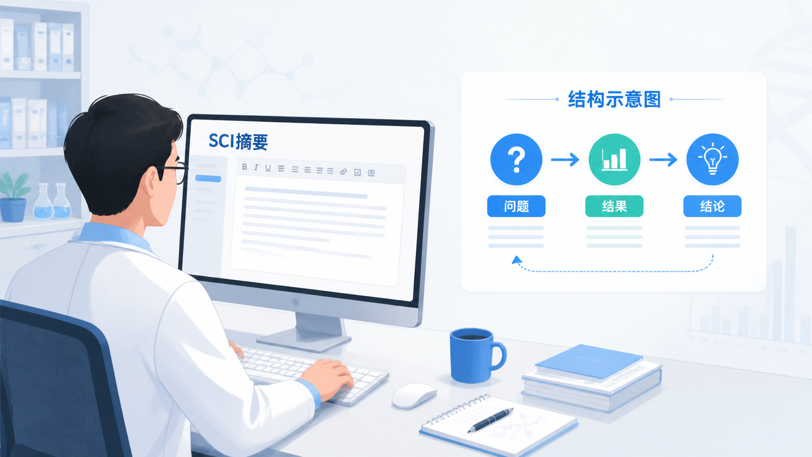 一张科研人员在电脑前修改SCI摘要的场景，旁边显示论文摘要结构示意图，突出“问题—结果—结论”三段式框架。