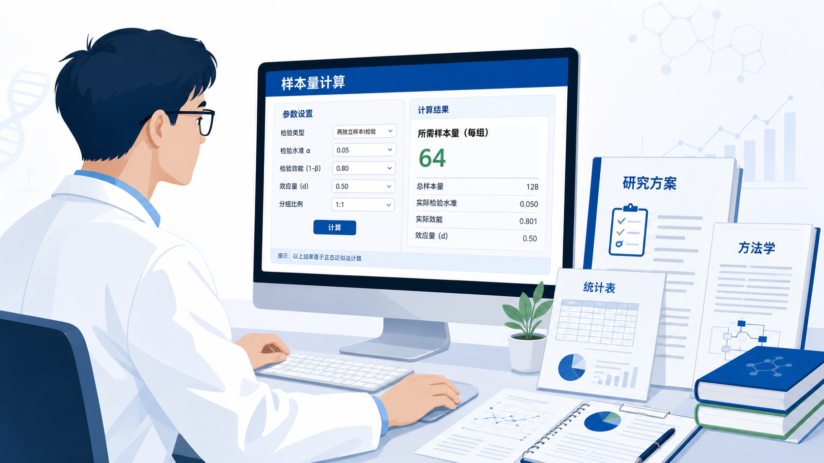 科研人员在电脑前查看样本量计算结果，旁边有研究方案、统计表格和论文方法学页面，突出“规范计算、落地执行”
