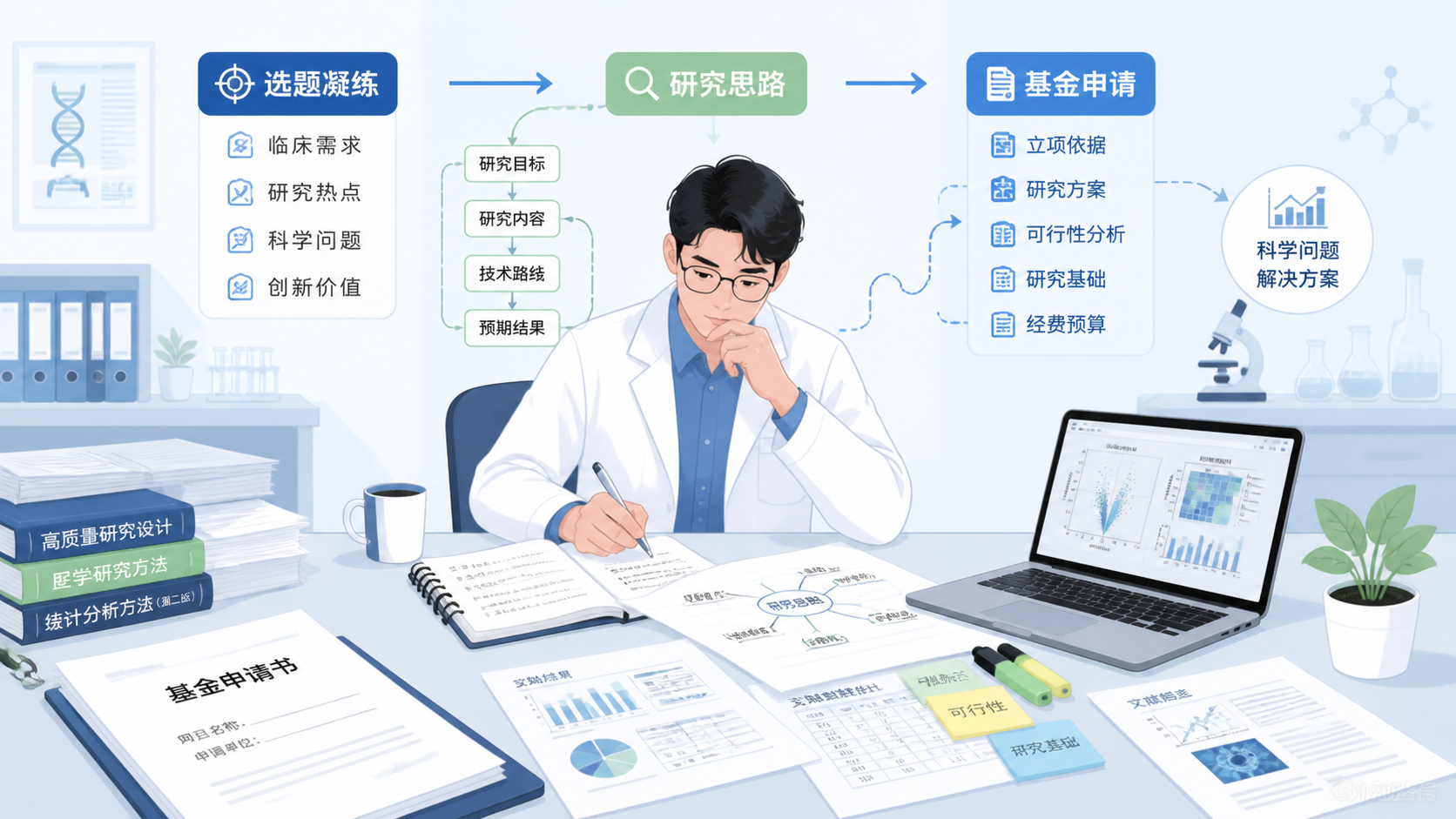 科研人员在文献、标书和实验数据之间梳理课题思路，桌面上有基金申请书和思维导图，体现“选题凝练”的压力与决策场景。