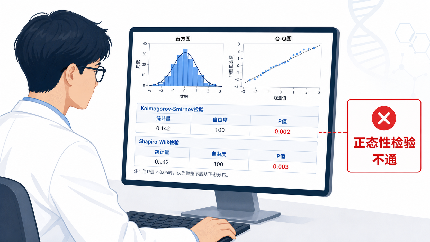 医学生在电脑前查看SPSS输出结果，旁边显示直方图、Q-Q图和统计检验P值，突出“正态性检验不通过”的分析场景。