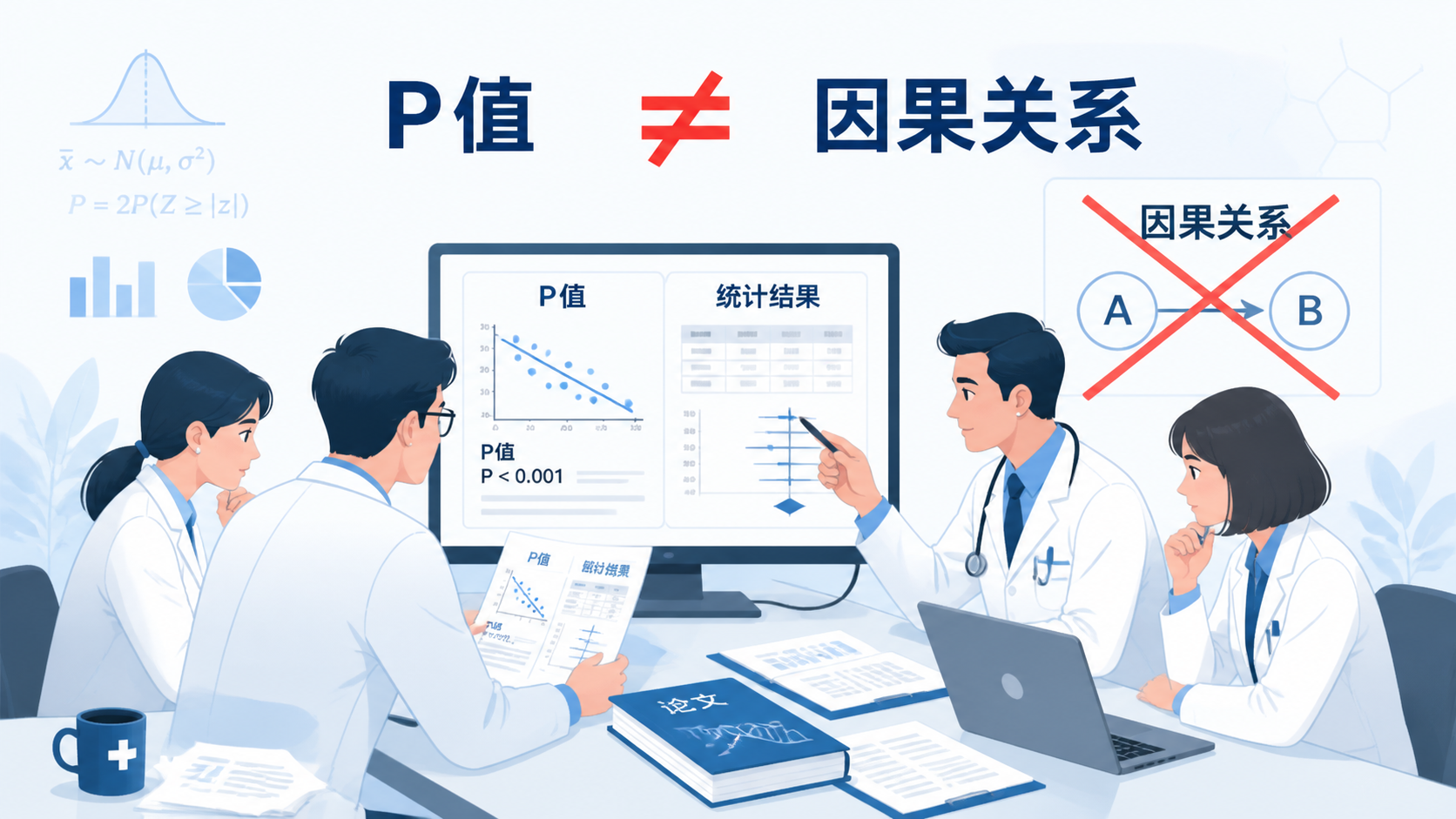 医生、科研人员在阅读论文统计结果,旁边标注P值和因果关系箭头被打叉,强调二者不能直接等同。