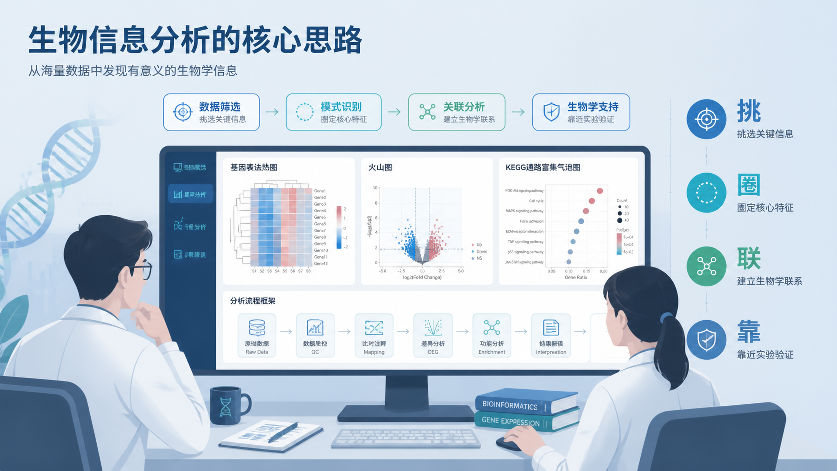 医学生、科研人员在电脑前查看基因表达热图、火山图和流程框架图，旁边标注“挑、圈、联、靠”