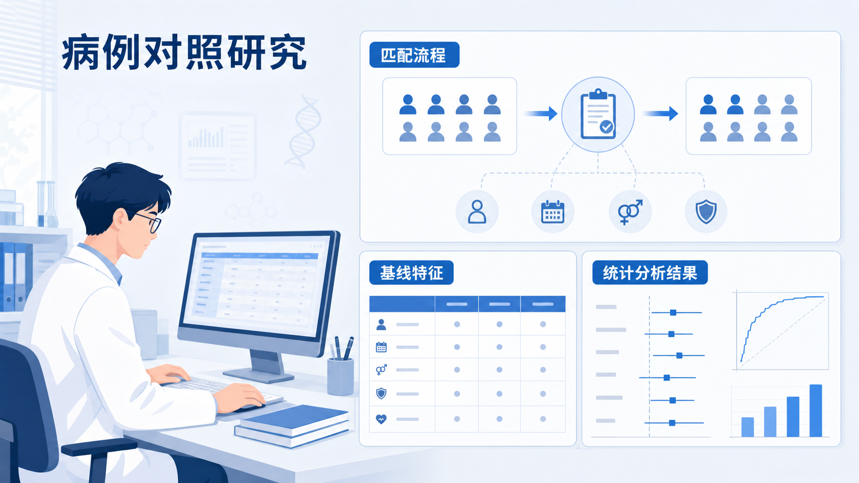 研究者在电脑前整理病例对照研究数据,旁边展示匹配流程图、基线表和统计分析结果的学术场景