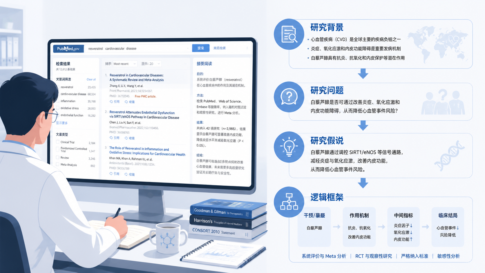 医学科研人员在电脑前梳理文献，旁边有研究问题、假说和逻辑框架图，体现从背景到问题的聚焦过程