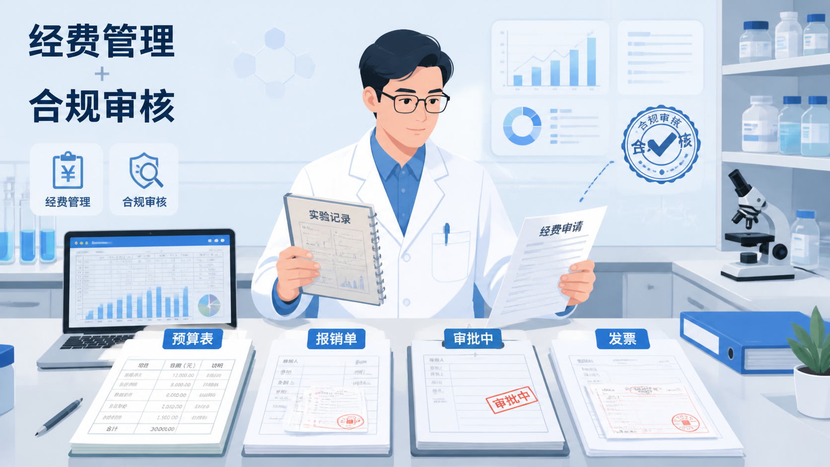 科研人员在实验室与财务报销文件、项目预算表同框，体现“经费管理+合规审核”的场景