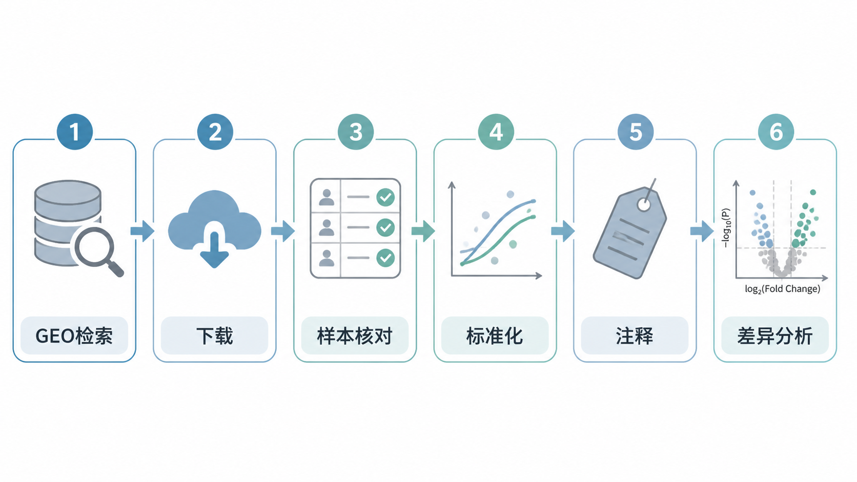 一张清晰的数据清洗流程图，包含GEO检索、下载、样本核对、标准化、注释、差异分析六个步骤。