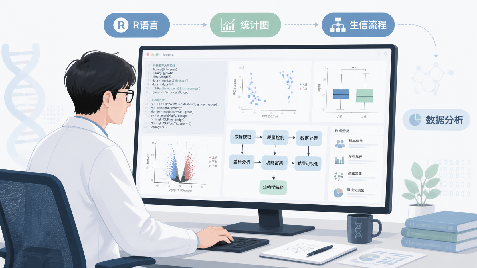 医学生在电脑前查看R语言代码、统计图和生信流程图，画面突出“数据分析与统计思维”
