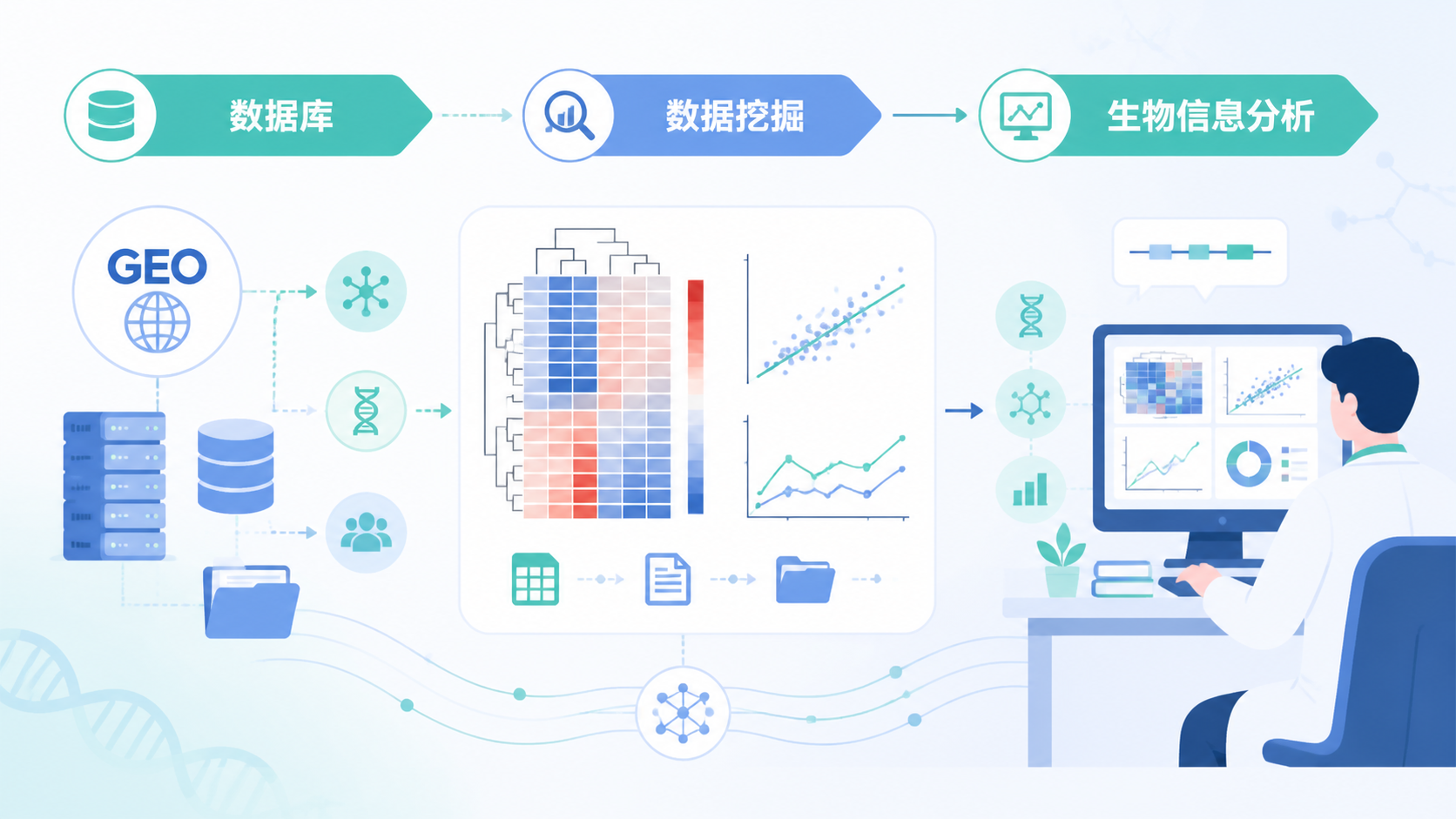 GEO数据库、芯片数据、转录组热图与科研人员分析数据的组合示意图，突出“公共数据库、数据挖掘、生信研究”场景。