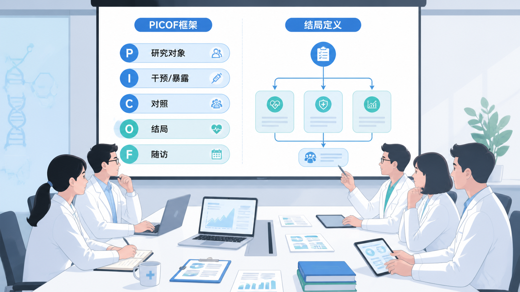 科研团队在会议桌前讨论队列研究方案，屏幕上展示PICOF框架和结局定义流程图，突出专业、规范、可信的科研场景