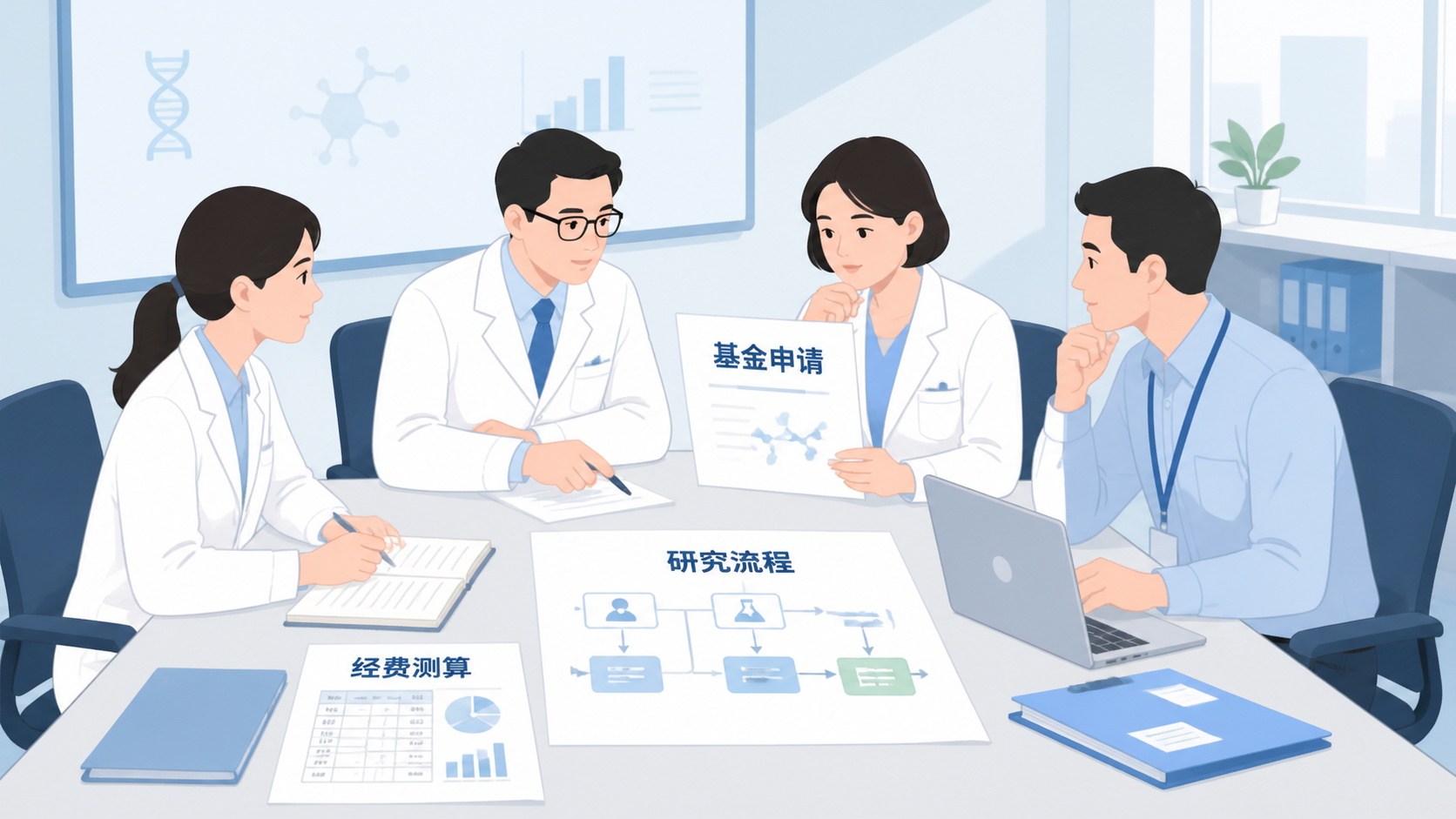 医生和科研人员围坐讨论标书，桌面上有经费测算表、研究流程图和基金申请书，画面强调专业支持与申报决策