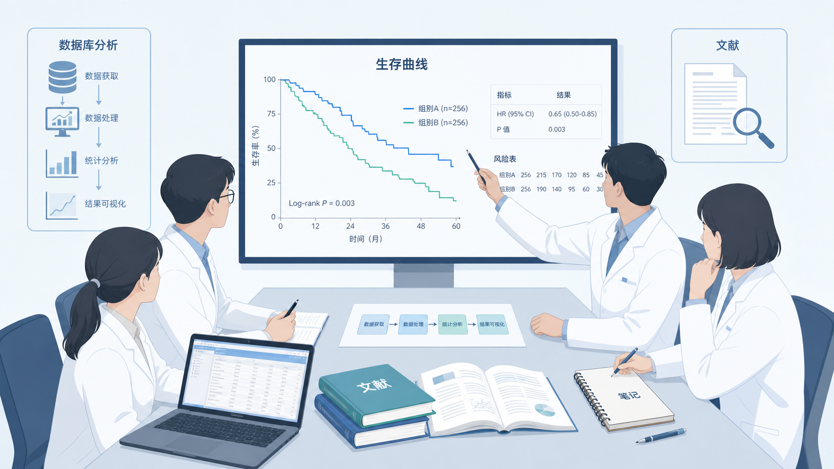 研究团队围绕一张生存曲线图讨论课题设计，桌面上放有数据库分析截图、文献和笔记本。