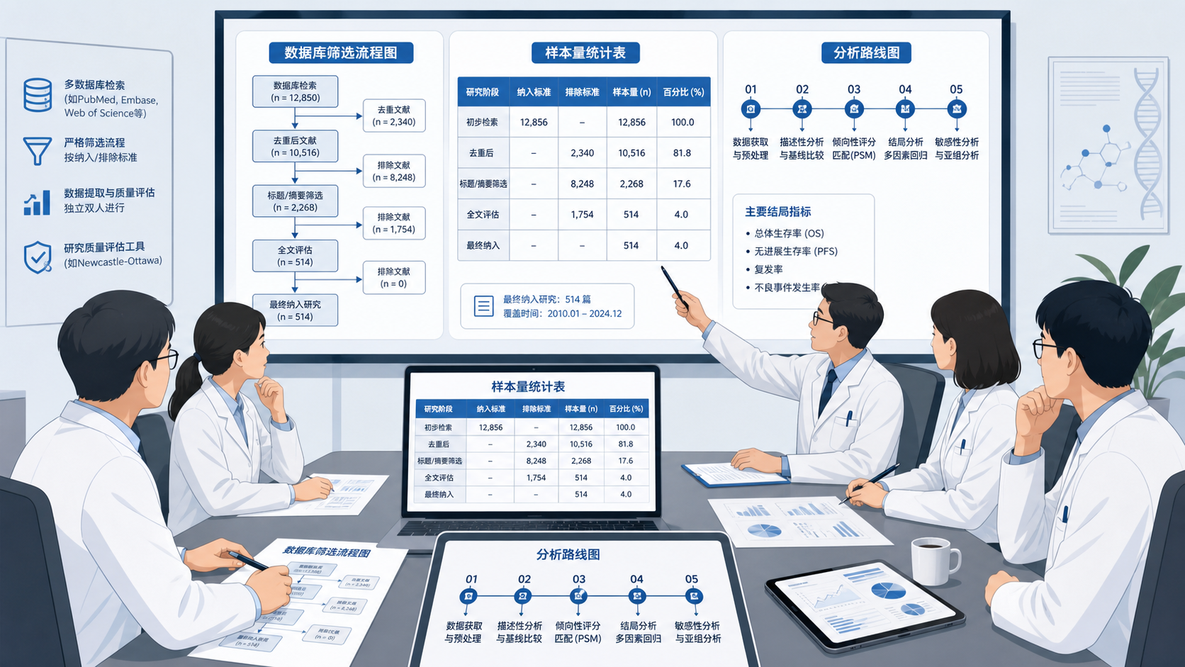 科研人员在会议桌前讨论数据库筛选流程图、样本量统计表和分析路线图，整体呈现专业、规范的科研场景
