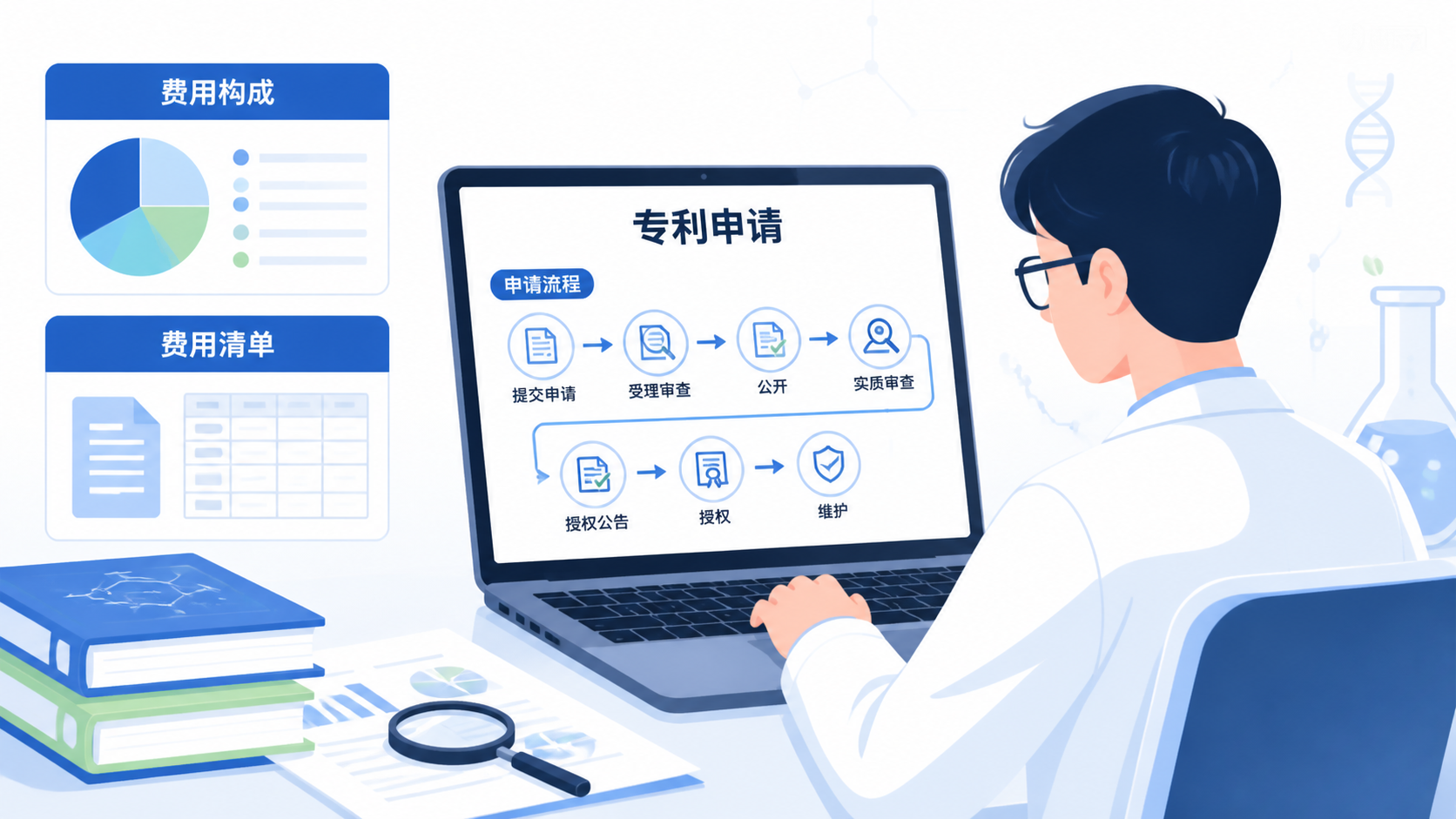 医学生在电脑前查看专利申请流程图，旁边有文件、放大镜和费用清单，突出“费用构成”和“申请流程”
