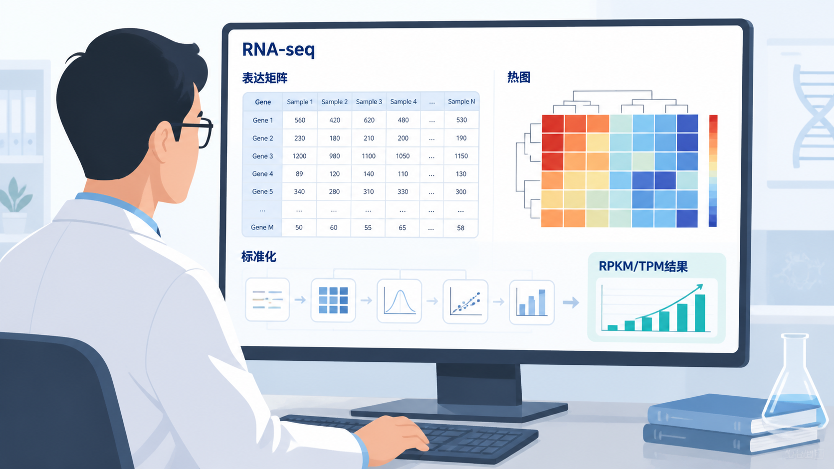科研人员在电脑前查看RNA-seq表达矩阵、热图和标准化流程图，画面突出“RPKM/TPM结果输出”和“科研效率提升”。