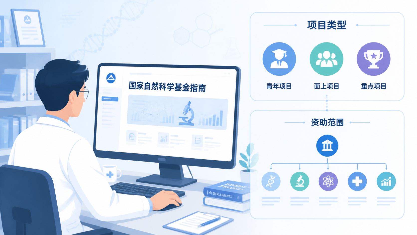 一位医生在电脑前查看国家自然科学基金指南，旁边有项目类型和资助范围示意图，画面专业、简洁。