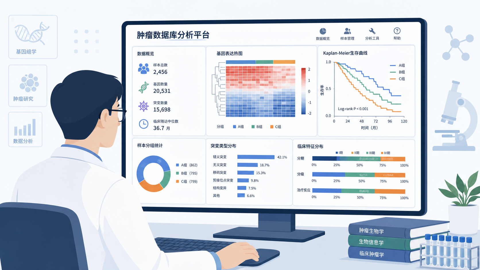 科研人员在电脑前查看肿瘤数据库分析界面,旁边展示基因表达热图和生存曲线