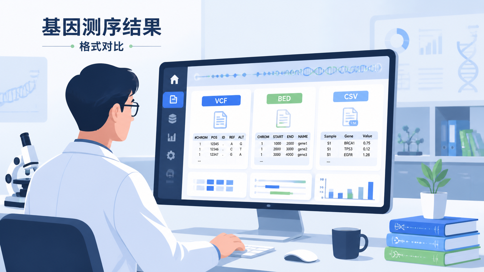科研人员在电脑前整理基因测序结果，界面展示VCF、BED、CSV等不同文件格式，对比清晰，体现“变异数据格式”标准化需求。