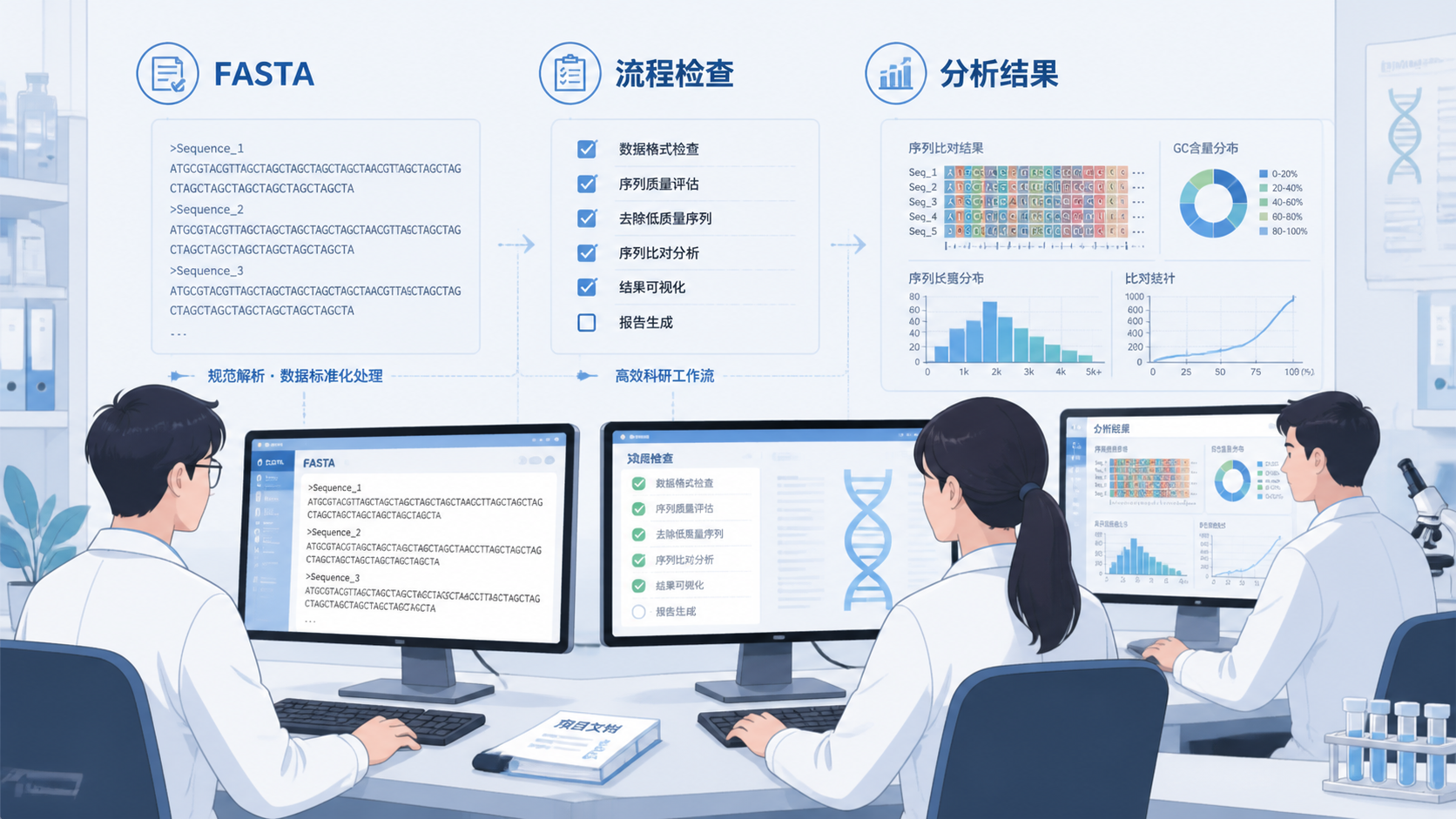 研究人员在电脑前查看标准化FASTA文件、流程检查清单和生物信息学分析结果，突出规范解析与高效科研。