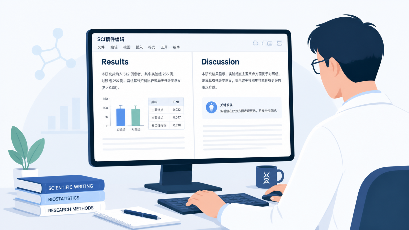 科研人员在电脑前修改SCI稿件，屏幕显示“Results”和“Discussion”两栏对照，旁边有论文结构检查清单。