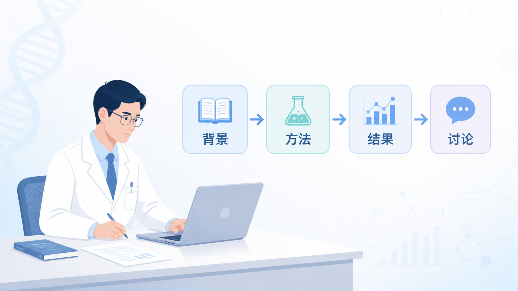 一位医生在电脑前梳理SCI论文结构，旁边有背景、方法、结果、讨论四个模块的流程图，强调逻辑衔接