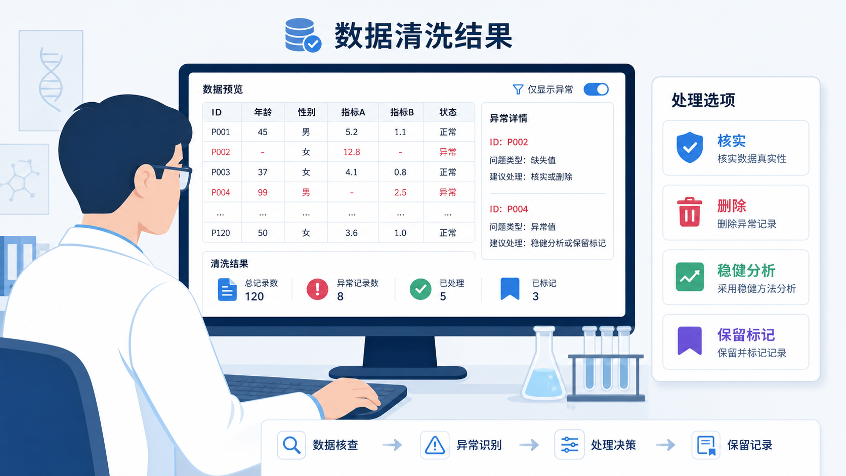 医生或科研人员在电脑前查看数据清洗结果，旁边展示“核实、删除、稳健分析、保留标记”四种处理选项的简洁信息图。