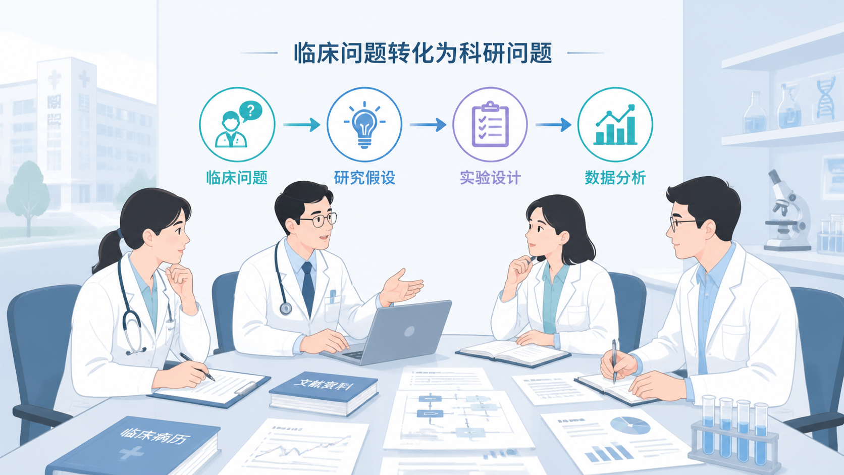 临床医生与科研人员围绕病历、文献和实验数据讨论课题设计的场景，突出“临床问题转化为科研问题”