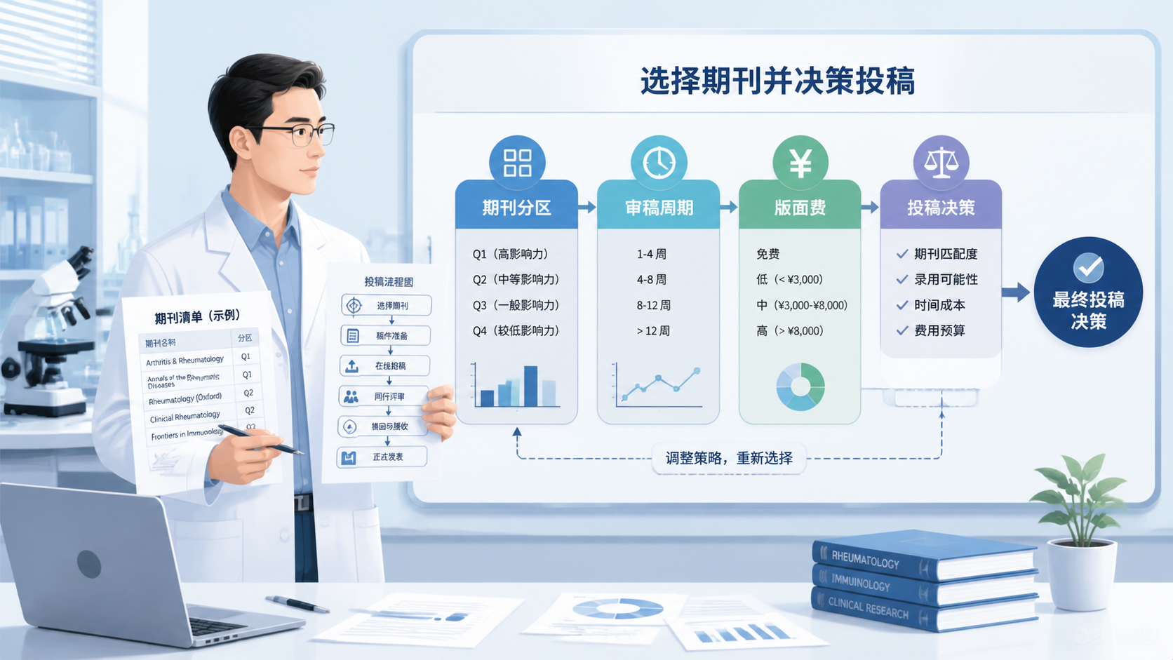 风湿免疫研究者拿着期刊清单与投稿流程图，屏幕上显示期刊分区、审稿周期、版面费和最终投稿决策