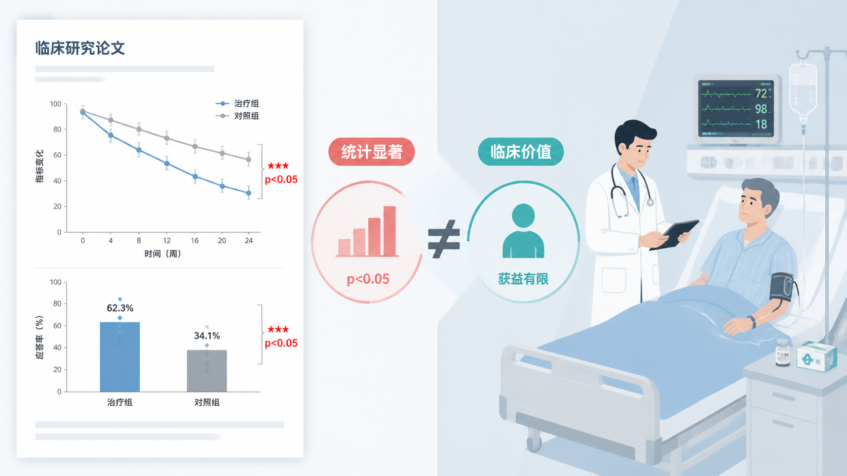 临床研究论文、统计图表与病房场景组合，突出“统计显著不等于临床有价值”的对比主题