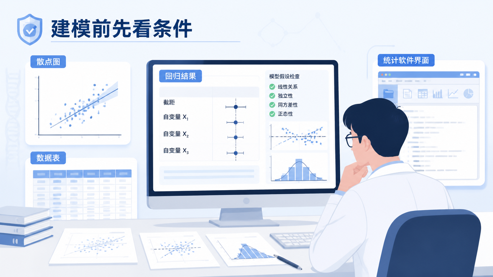 临床科研人员在电脑前查看回归模型输出，旁边有数据表、散点图和统计软件界面，突出“建模前先看条件”的场景