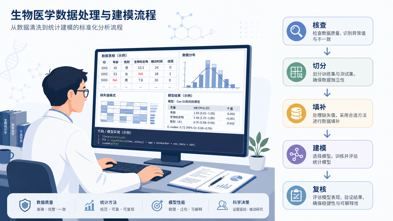 科研人员在电脑前进行数据清洗与统计建模，旁边标注“核查、切分、填补、建模、复核”流程