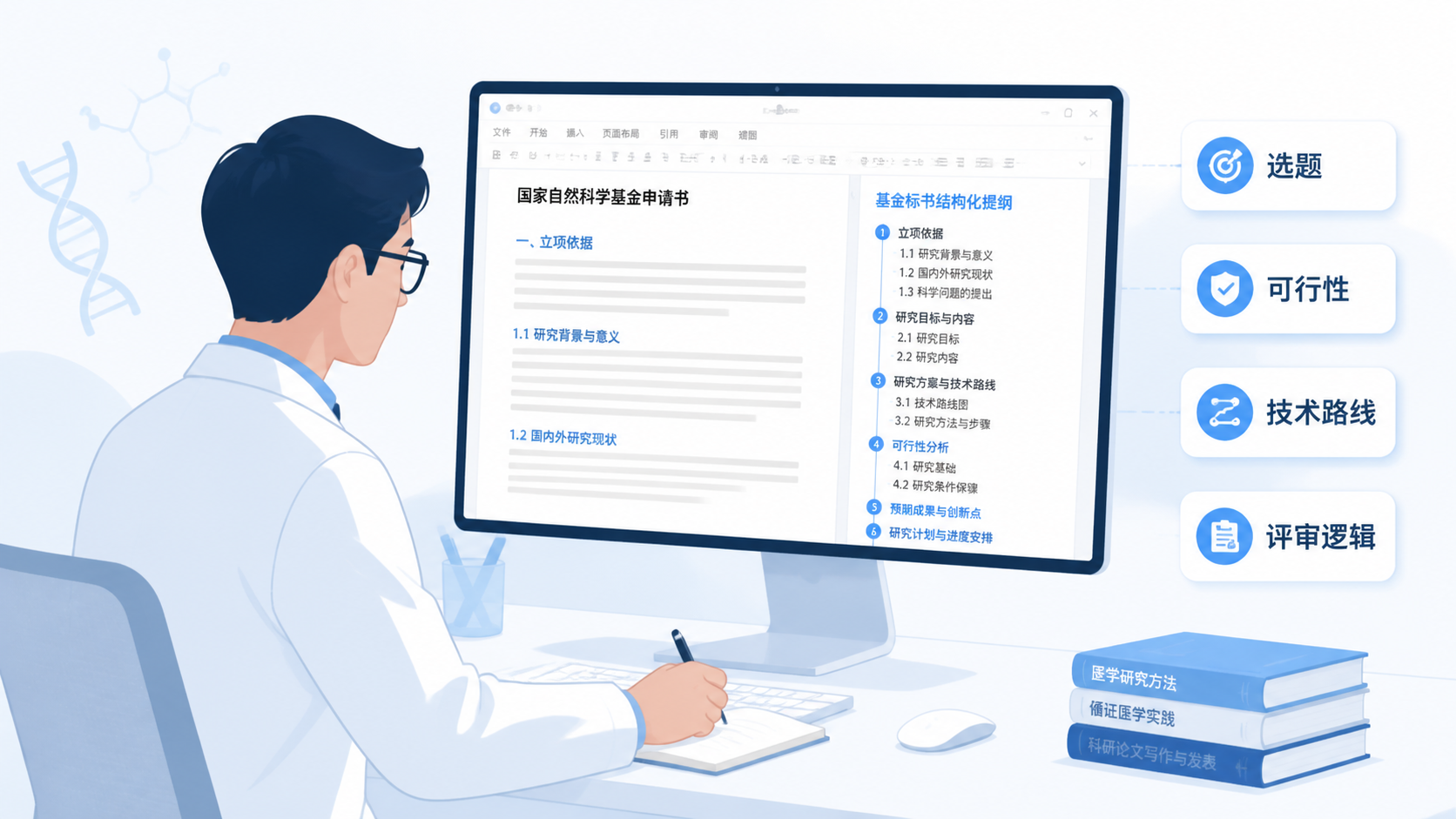 科研人员在电脑前修改基金标书，旁边有“选题、可行性、技术路线、评审逻辑”标签，画面突出专业写作和工具辅助场景