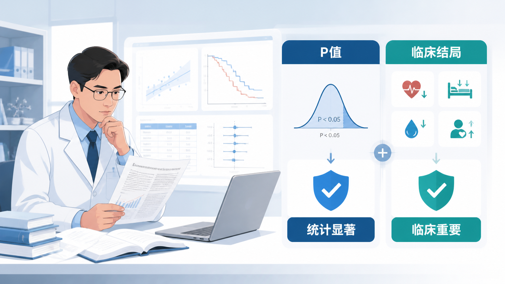 一位医生在查看科研论文，旁边同时显示P值和临床结局指标，突出“统计显著”和“临床重要”两个概念的对比。