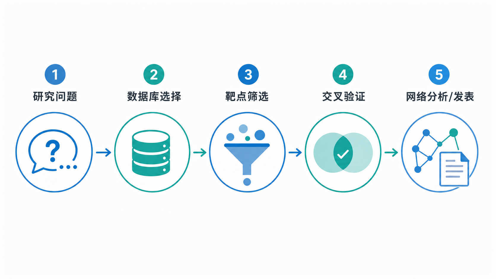 一张整洁的科研流程图，展示“研究问题→数据库选择→靶点筛选→交叉验证→网络分析/发表”的完整路径。