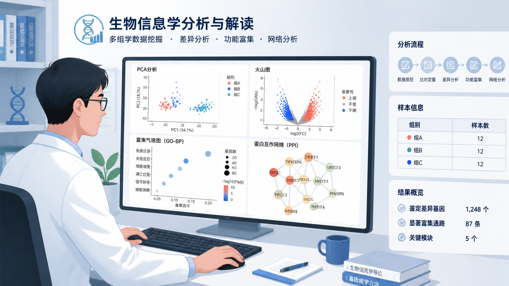 一张科研人员在电脑前查看生信分析结果的场景图，旁边展示清晰的PCA图、火山图、富集气泡图和网络图，突出“高效严谨解读”的主题。