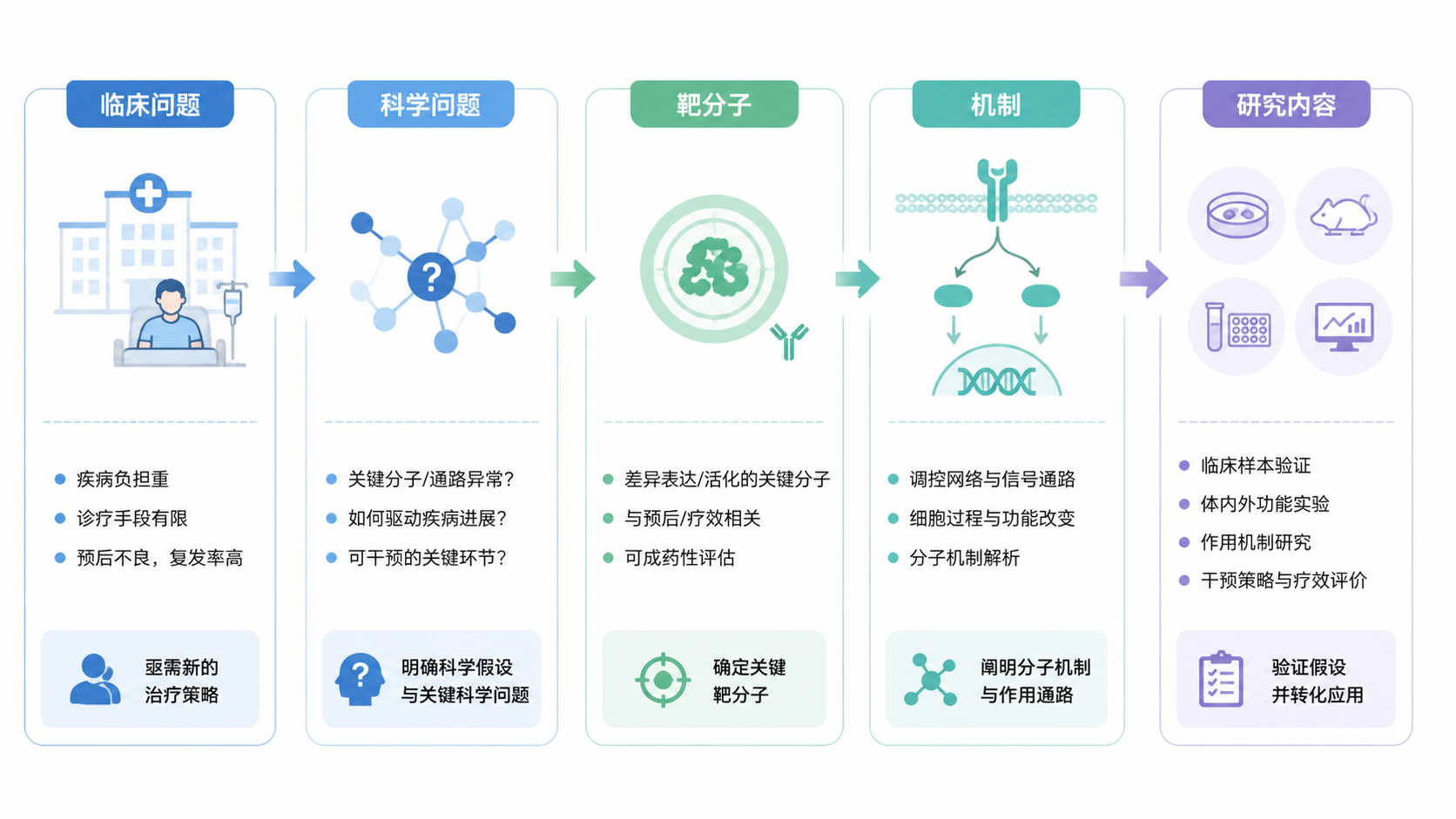 一页国自然标书结构图与逻辑箭头图，左侧为临床问题，中间为科学问题、靶分子和机制，右侧为研究内容与技术路线，强调从痛点到方案的转化。