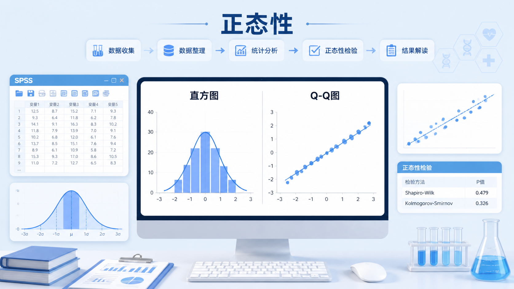 临床研究数据分析场景,包含直方图、Q-Q图和SPSS界面元素,突出“判断正态性”主题