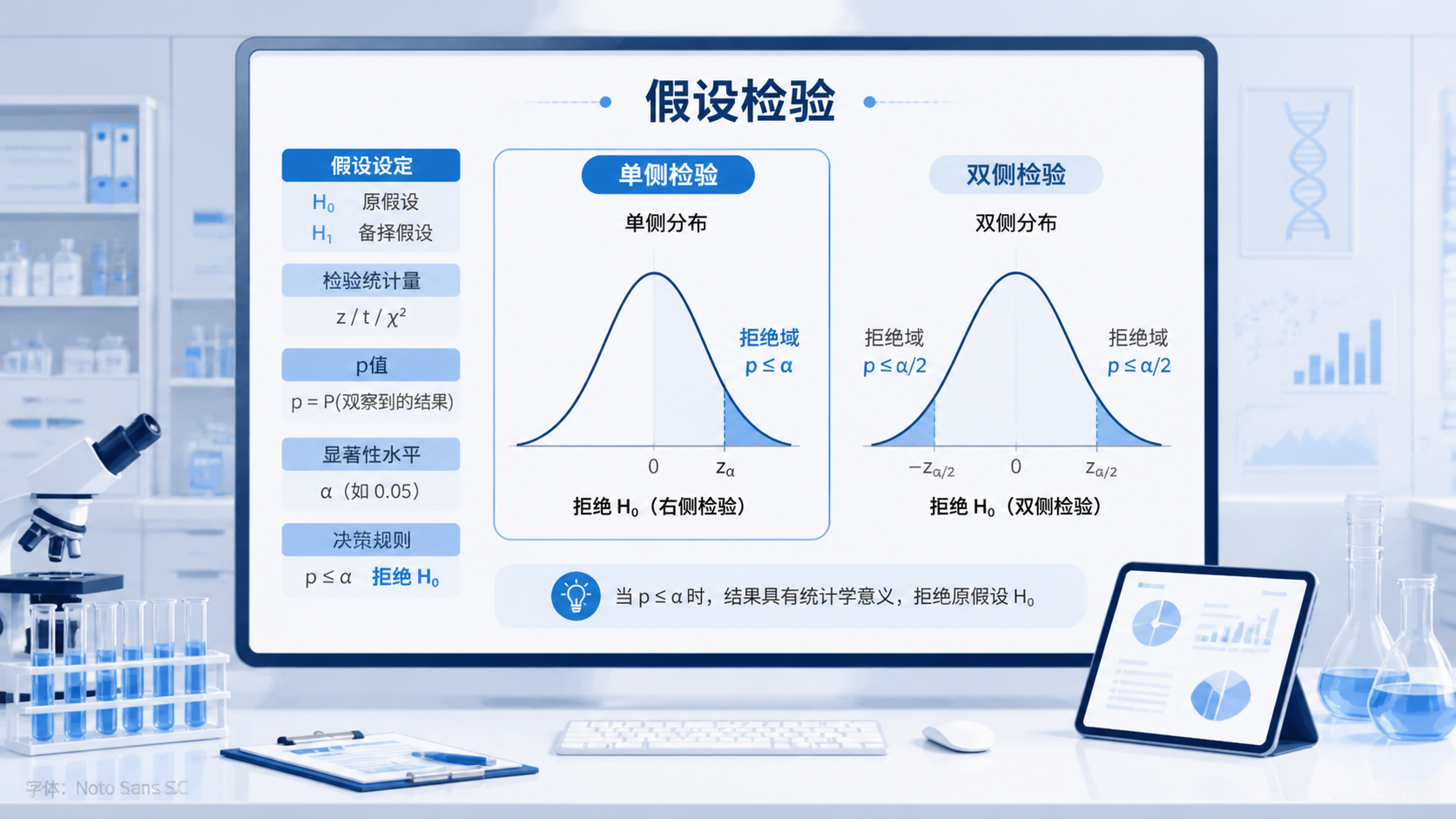 实验室或统计分析场景，屏幕上显示假设检验流程、单侧与双侧分布示意图，突出“单侧检验”主题。