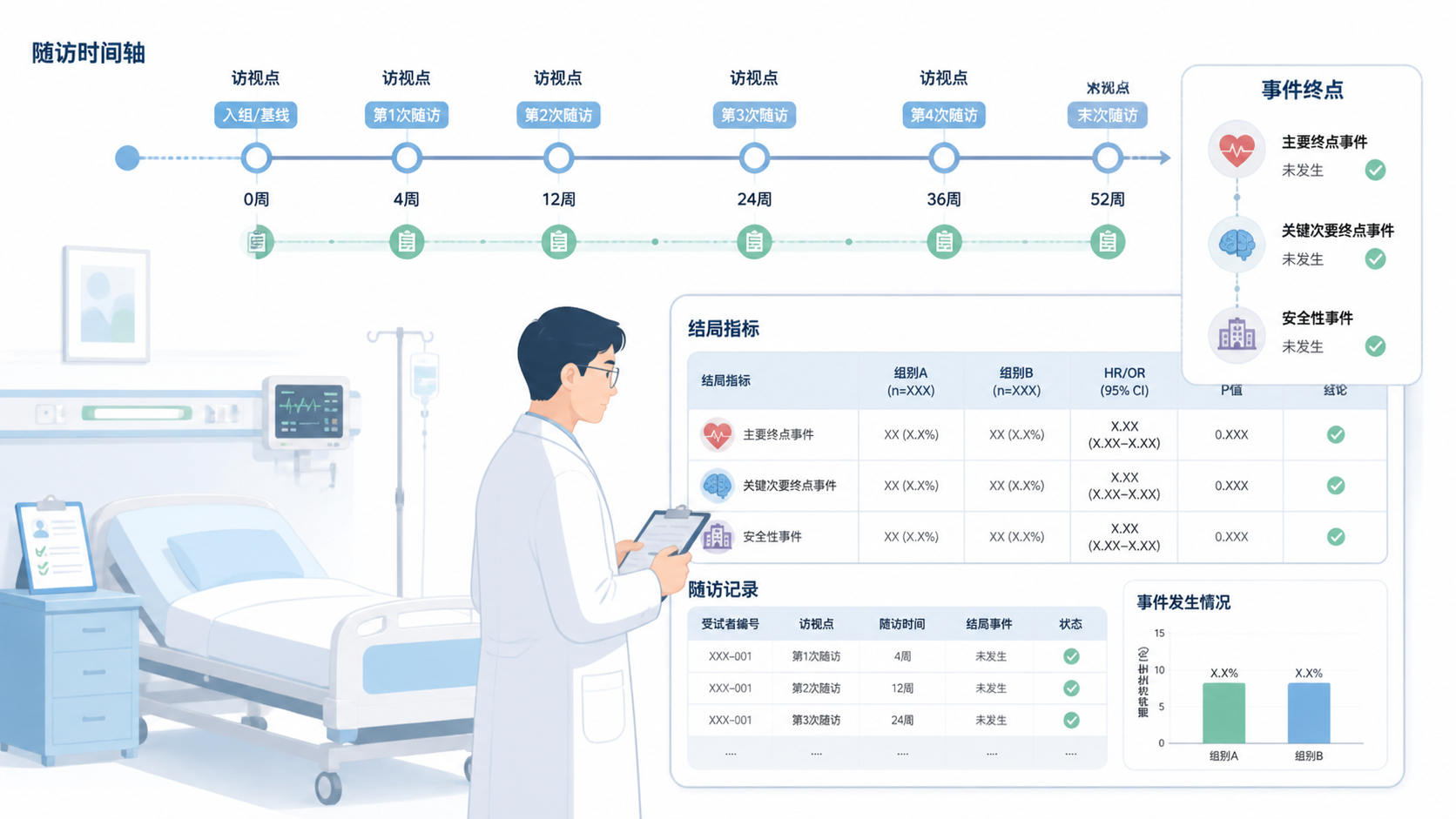 临床研究者在病房与数据表之间核对结局指标，旁边有随访时间轴和事件终点示意图