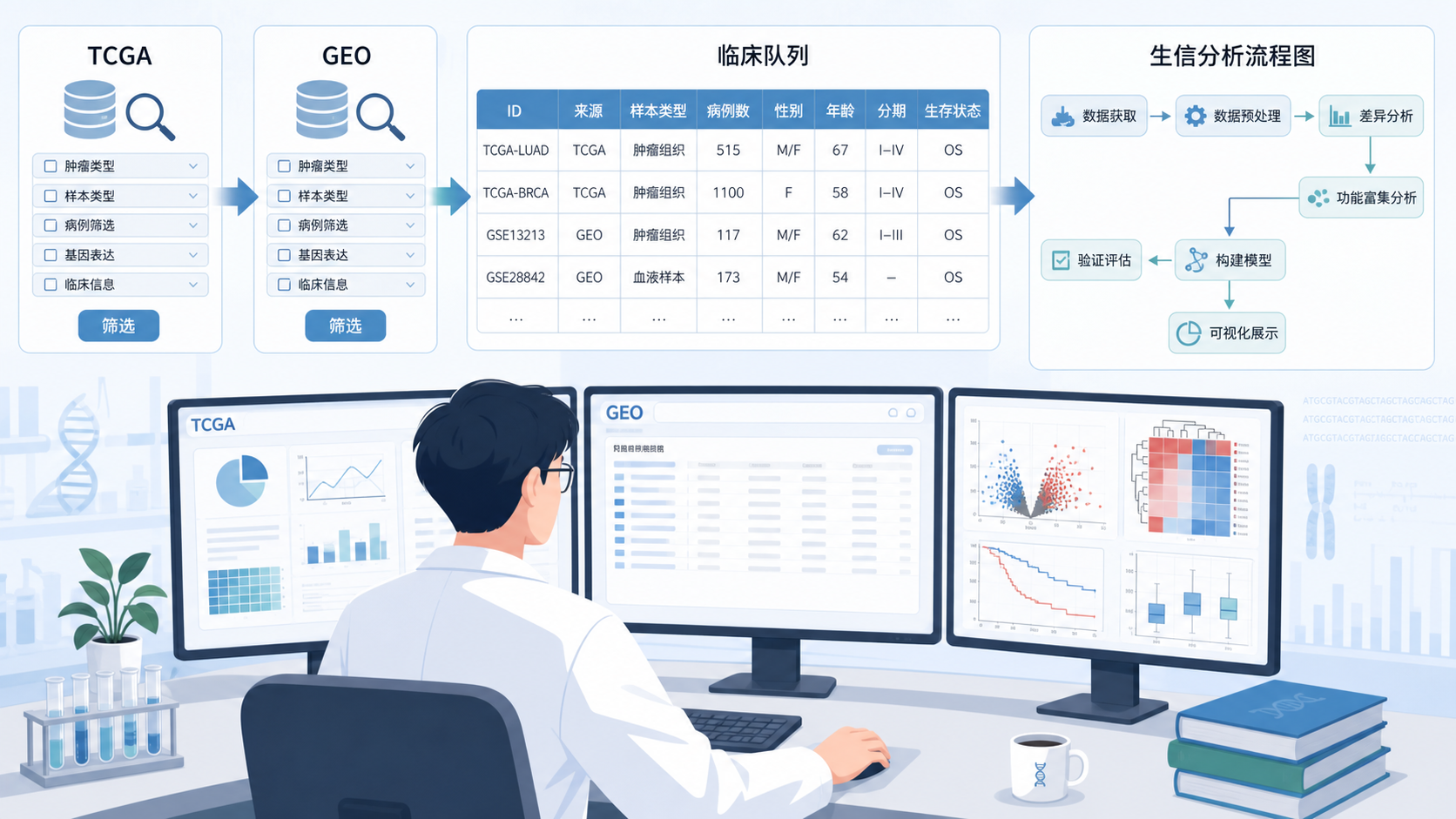 医学生或科研人员在电脑前筛选数据库，屏幕上显示TCGA、GEO、临床队列表格和生信分析流程图
