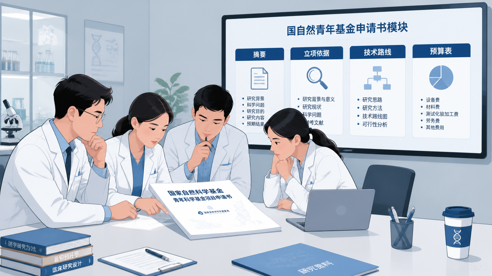 科研团队围坐审阅一份完整的国自然青年基金申请书，屏幕上显示“摘要、立项依据、技术路线、预算表”四个模块，氛围专业高效。