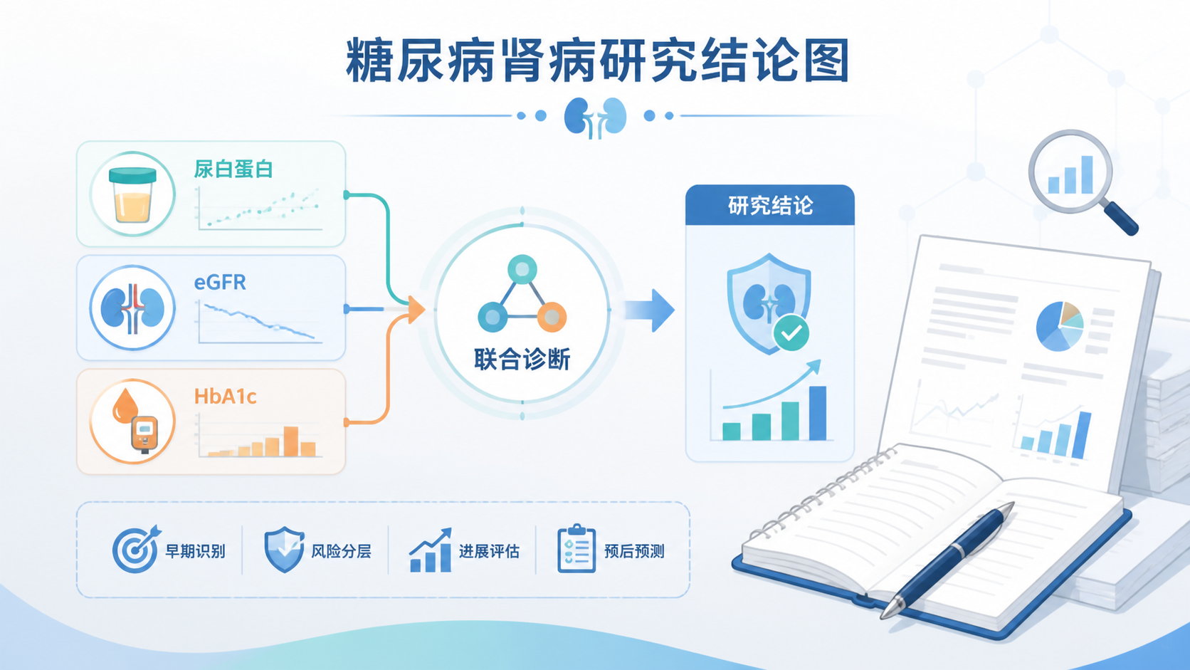 一张糖尿病肾病研究结论图，展示尿白蛋白、eGFR、HbA1c三项指标联合诊断，旁边配有论文写作和科研分析元素。