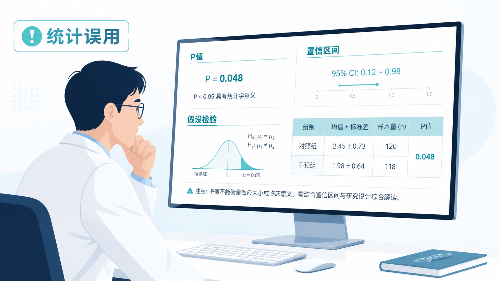 医学科研人员在电脑前审阅统计结果，旁边显示P值、置信区间和假设检验示意图，突出“统计误用”主题。