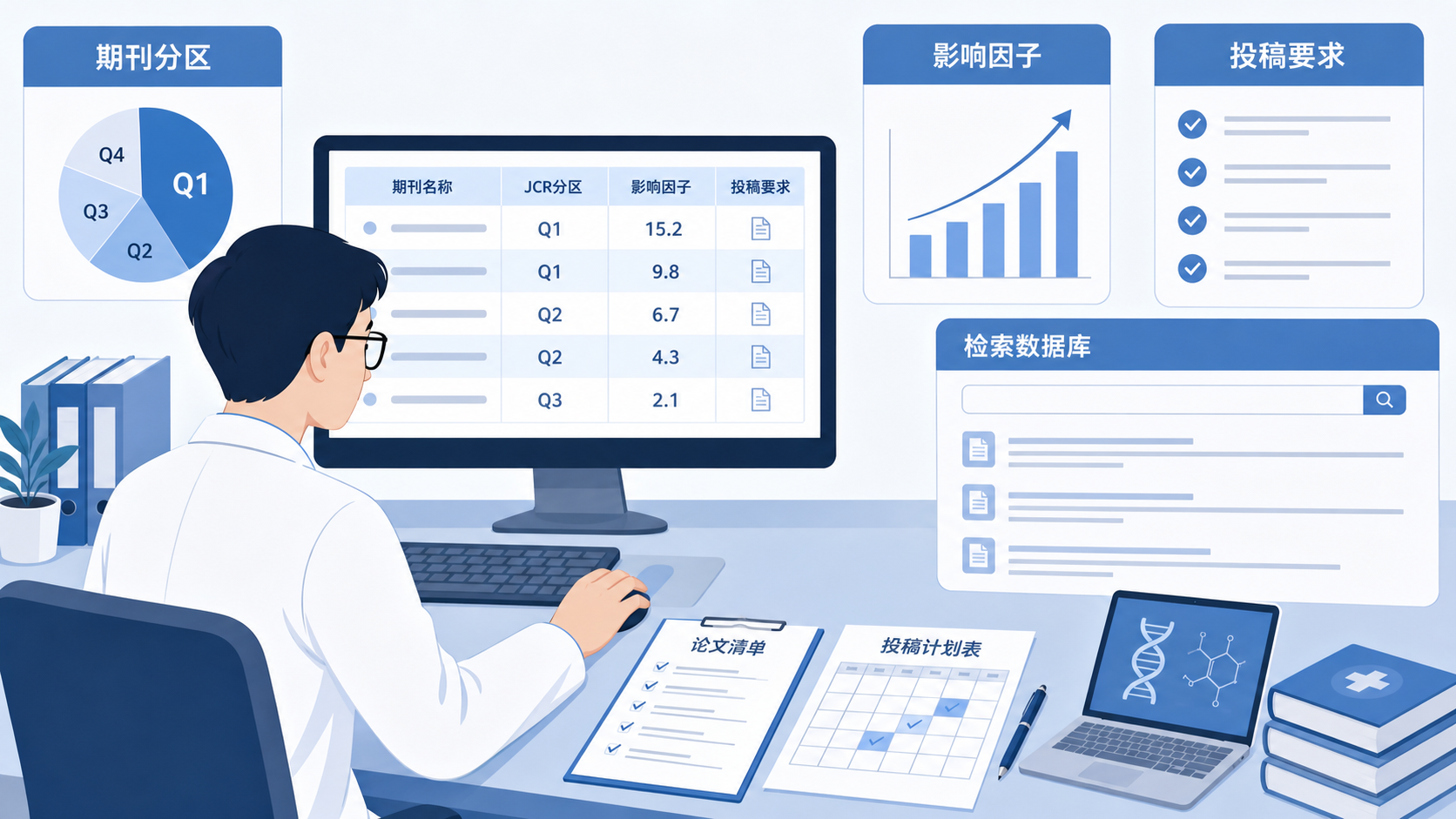 科研人员在电脑前比对期刊分区、影响因子和投稿要求,旁边放着论文清单与检索数据库界面。