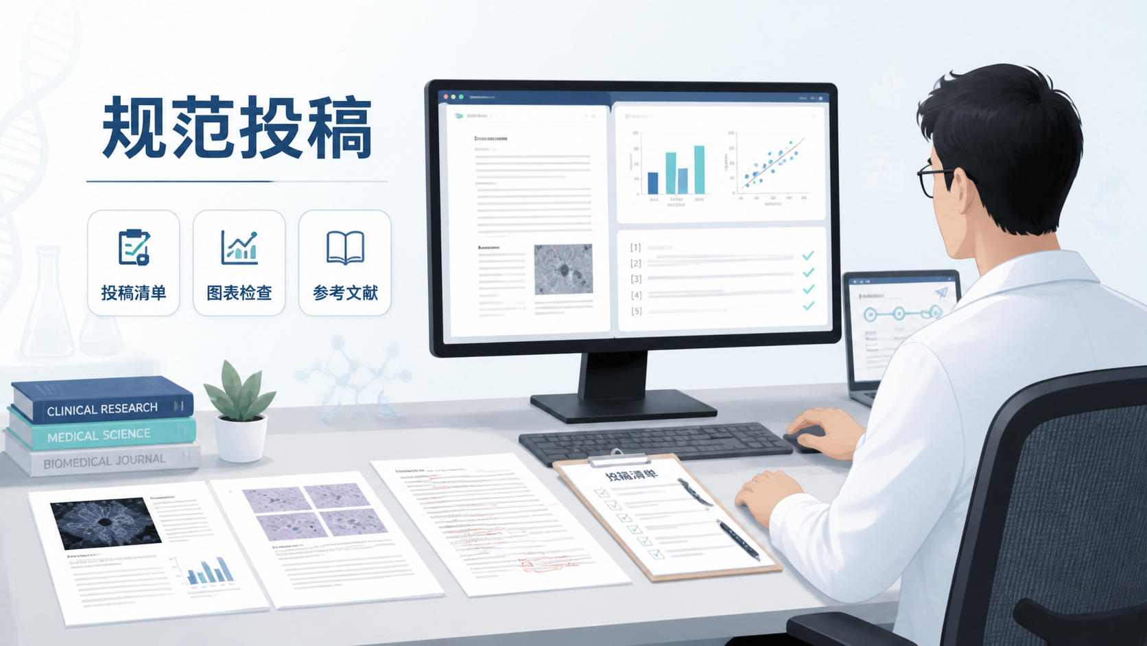 科研人员在电脑前整理论文图表与投稿文件，画面包含高分辨率图片、图表和期刊投稿清单，突出“规范投稿”和“高效完成”