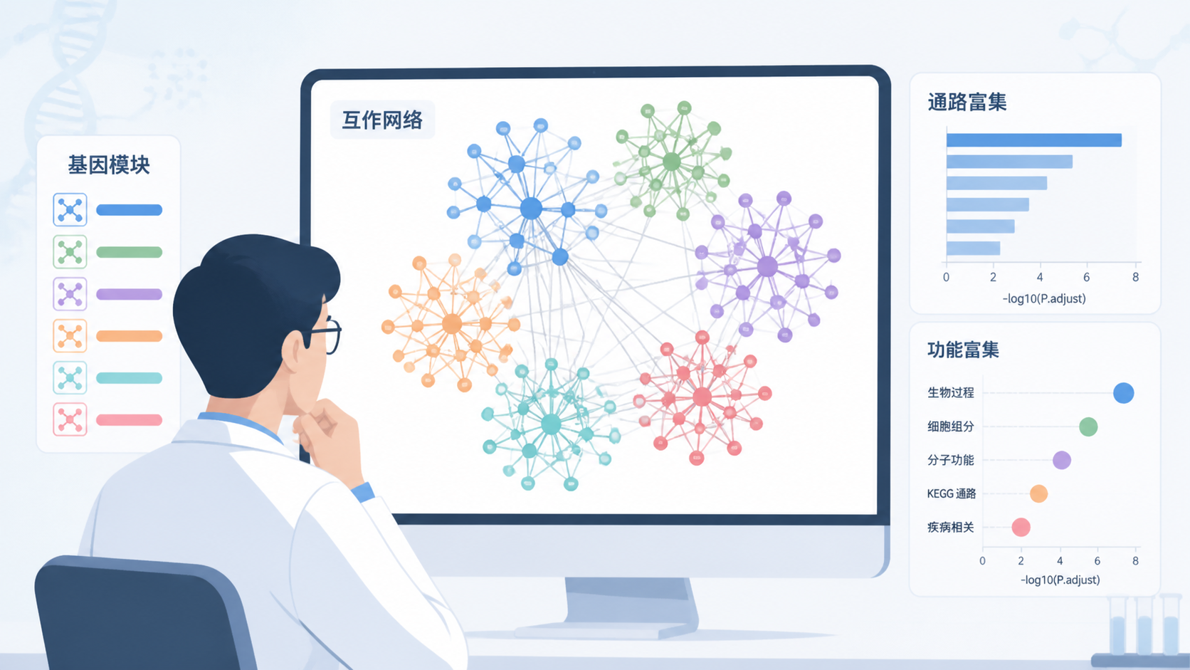 科研人员在电脑上查看基因互作网络图,节点被分成多个颜色模块,旁边标注通路与功能富集结果。