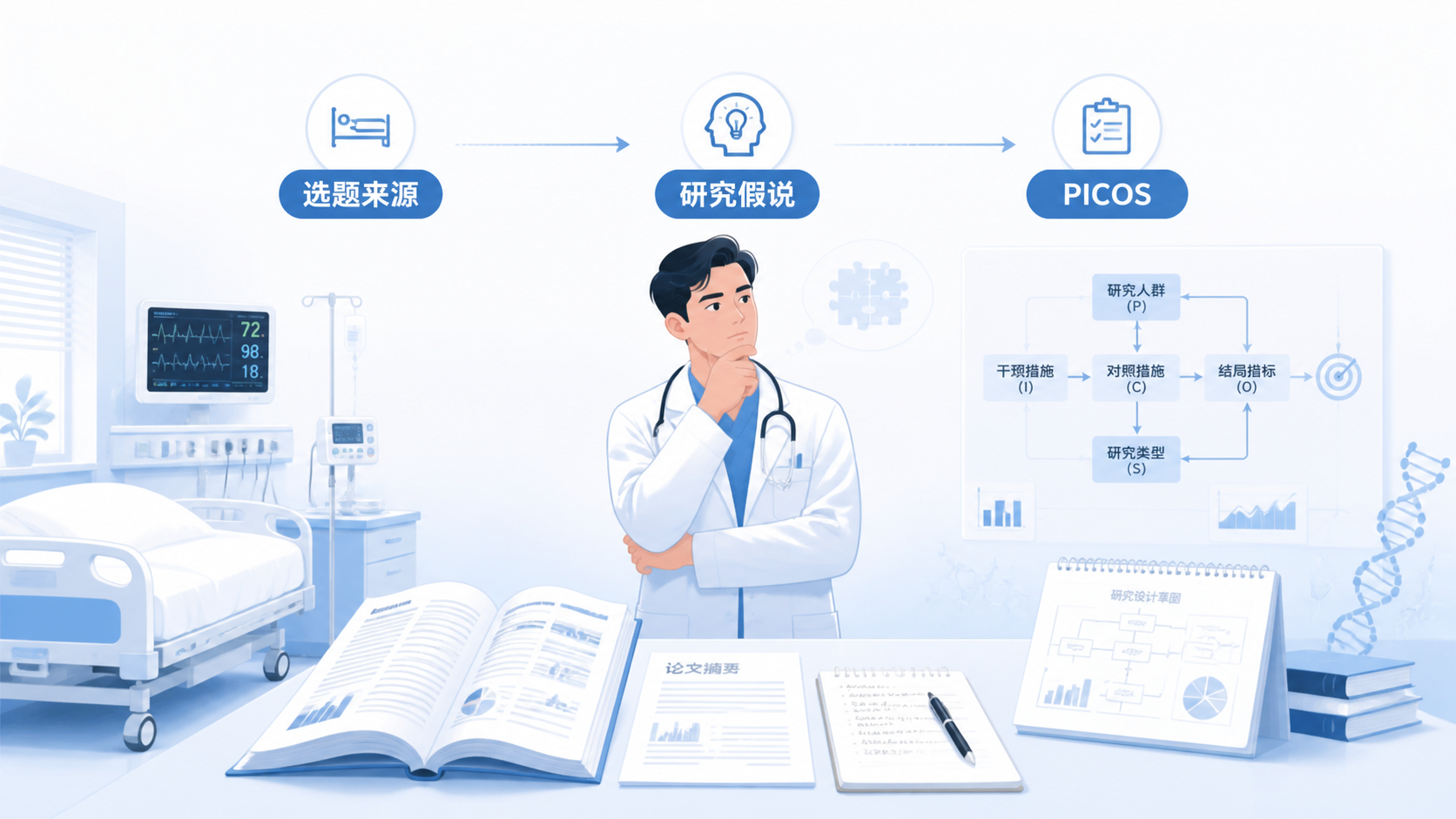 一位临床医生在病房、文献和科研方案之间思考，旁边叠加“选题来源、研究假说、PICOS”关键词的学术风格配图